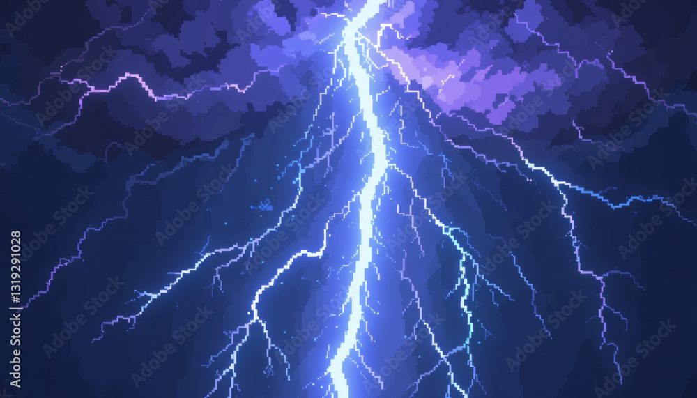 Fototapeta premium 8-bit pixel texture featuring an electric lightning storm with flashing blue and purple bolts