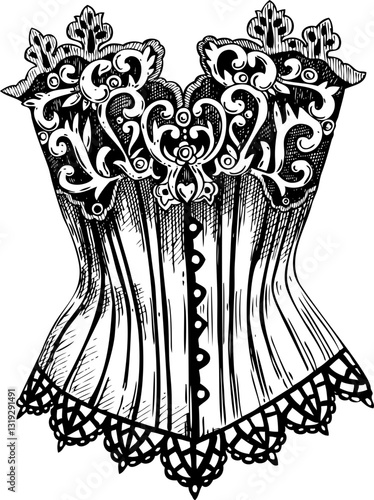 Vintage corset top vector sketch. Romantic gothic fashion illustration. Halloween, dark academia clothes. Hand drawn historical costume design. NOT AI generated