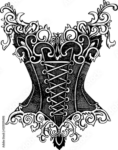 Vintage corset top vector sketch. Romantic gothic fashion illustration. Halloween, dark academia clothes. Hand drawn historical costume design. NOT AI generated