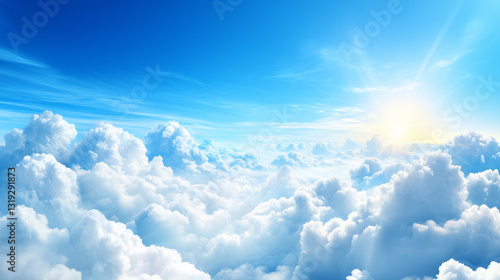 Wallpaper Mural A vast blue sky showcases a breathtaking display of fluffy white clouds, with the golden rays of the sun breaking through, creating a serene and uplifting atmosphere during the early morning Torontodigital.ca