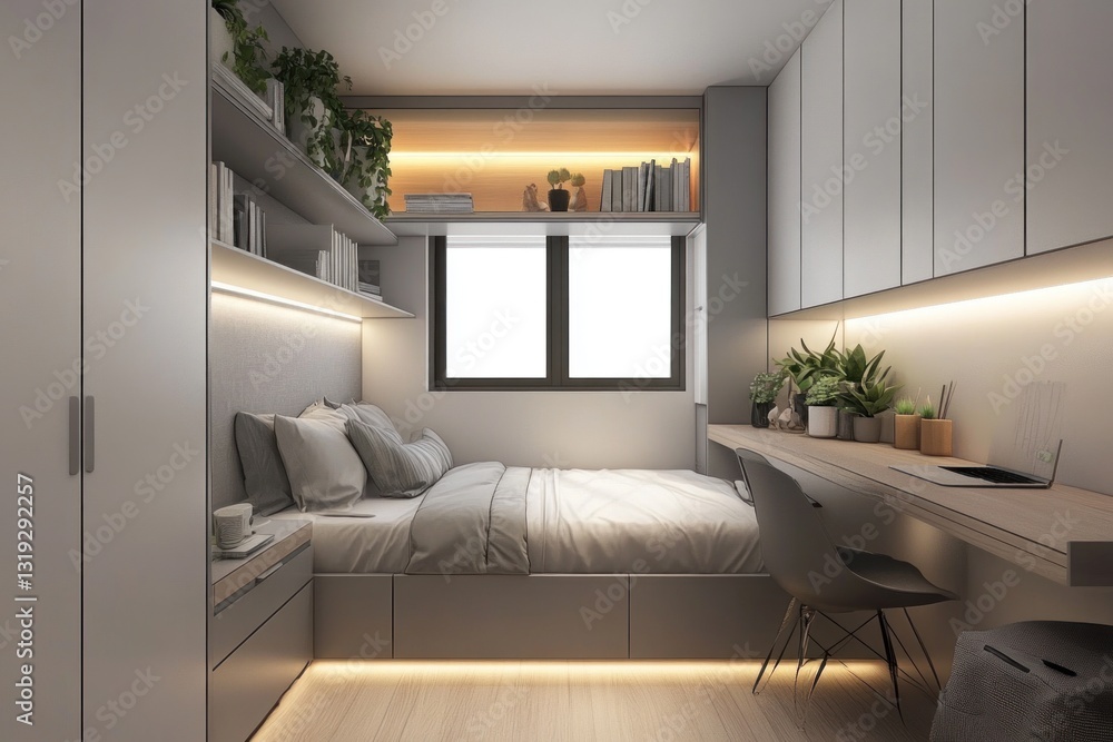 Modern minimalist bedroom with built-in desk and storage. Modern minimalist bedroom with built-in desk and storage.