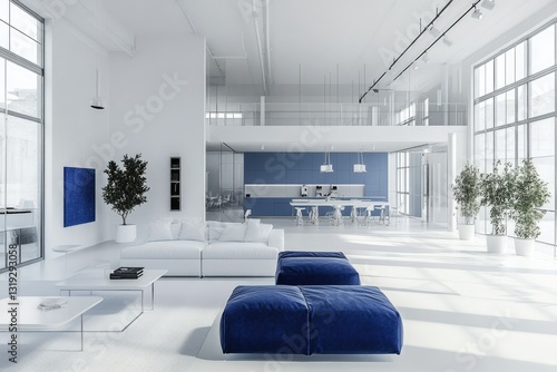 Pixel Perfect Image of Modern White and Blue Open Space Office Interior