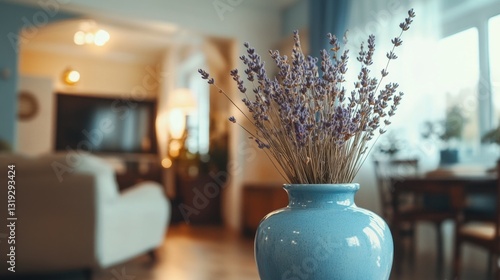 Blue vase with lavenders