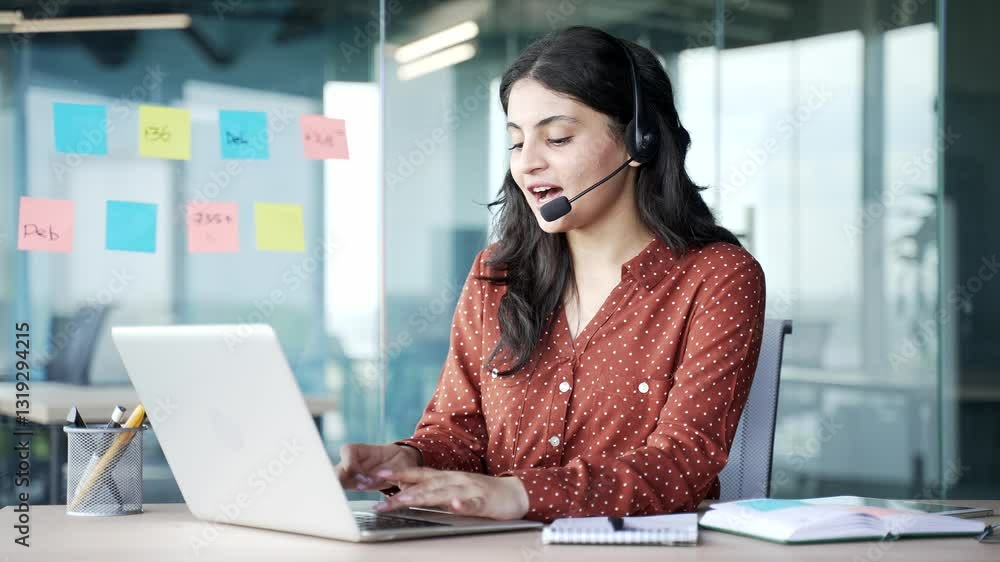 Young smiling female corporate operator in wireless headset working in customer support service on helpline telesale talking using laptop in business office. Agent of call center advises client online