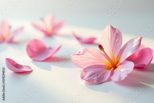 Gentle petals descend softly on pristine white surface, petals, gentle