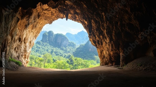 Fototapeta Naklejka Na Ścianę i Meble -  adventure travel ziplining nature. Exploring hidden jungle caves in Laos via zipline for a unique underground experience