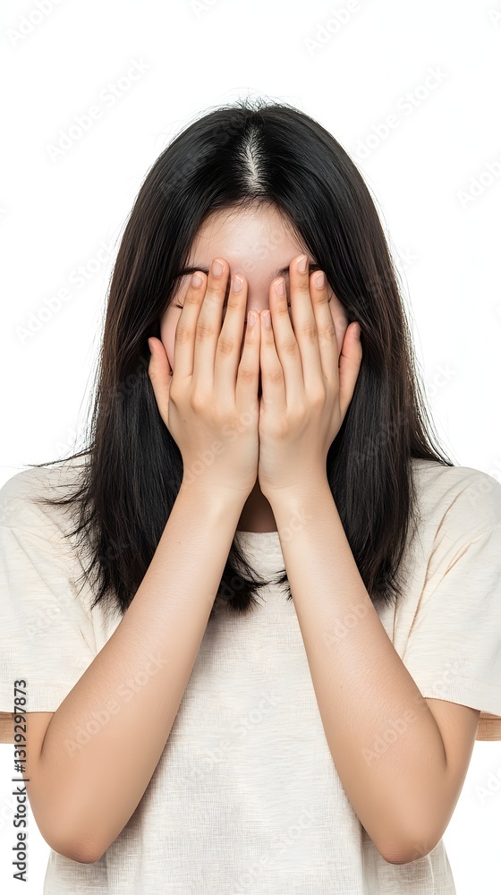young woman covering her face with hands young woman covering her face with hands