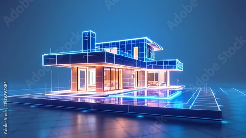 Digital Wireframe Model of Moroccan Style House with Rotating View