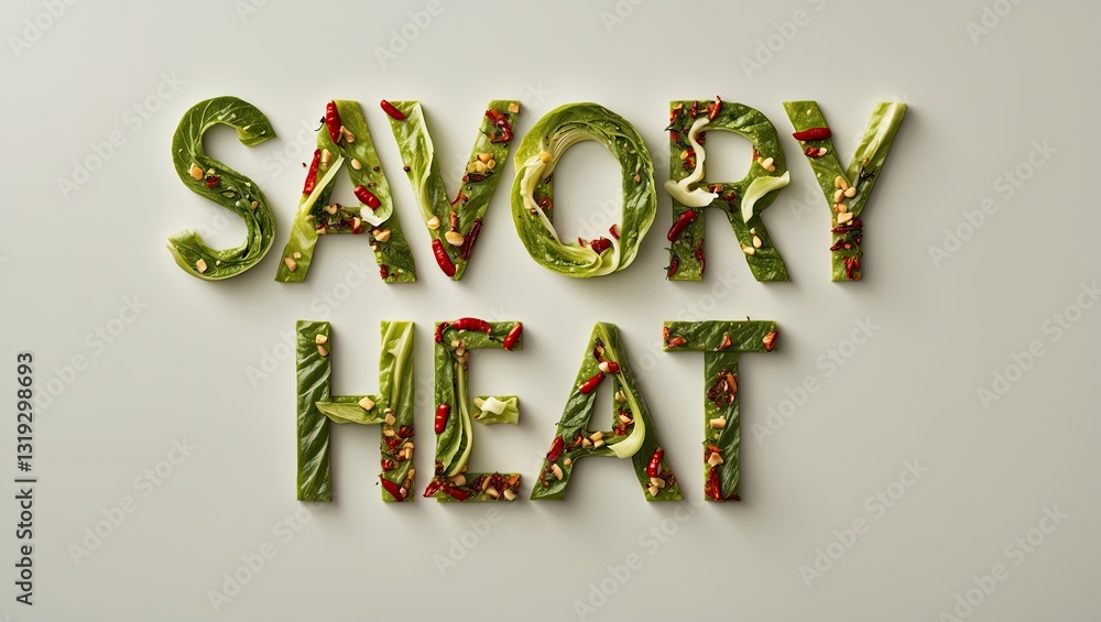 Creative arrangement of text spelling 'Savory Heat' made with colorful herbs and spices on a neutral background Creative arrangement of text spelling 'Savory Heat' made with colorful herbs and spices on a neutral background