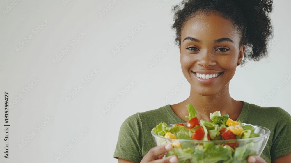 Young african female holding fresh salad bowl with a bright smile. Young african female holding fresh salad bowl with a bright smile.