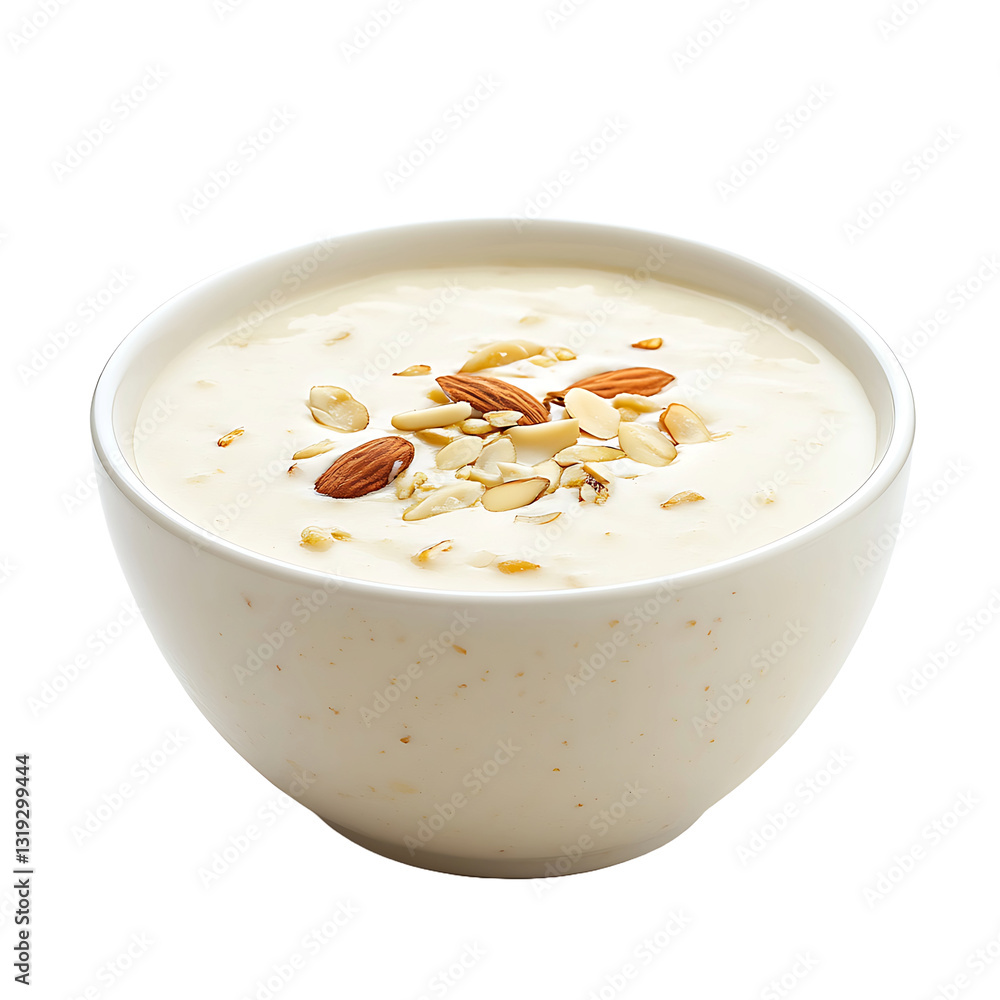 Creamy dessert in a bowl, topped with almonds and other nuts. A simple, yet delicious snack that is perfect for any time of day. A healthy and tasty treat. Creamy dessert in a bowl, topped with almonds and other nuts. A simple, yet delicious snack that is perfect for any time of day. A healthy and tasty treat.