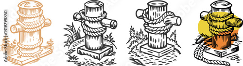 set of Mooring bollard with ship rope marine concept with nature vector, engraving sketch ink poster black illustration etching style tattoo, color blobs logo mooring, bollard, rope, ship