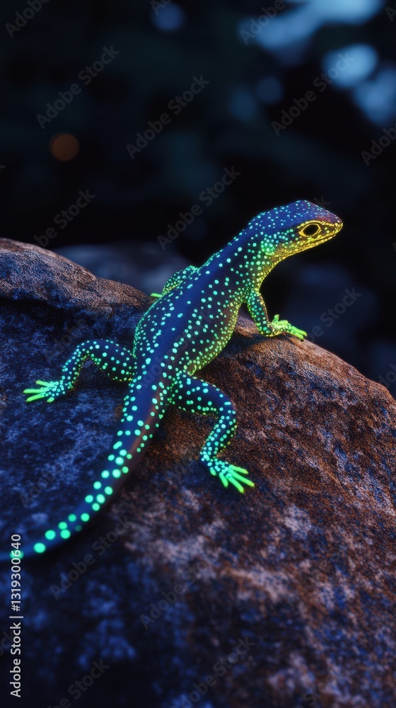 Fototapeta premium A vibrant green spotted lizard perched on a rock