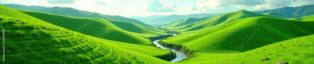 Rolling hills of emerald green with a meandering stream, earthy tones, valley Rolling hills of emerald green with a meandering stream, earthy tones, valley