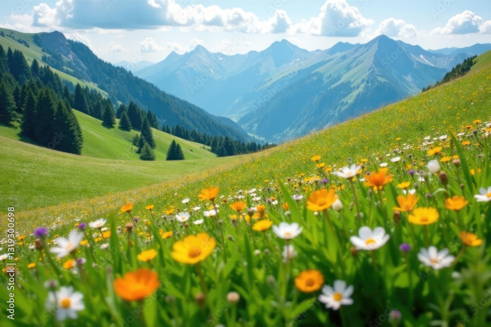 Obraz premium rolling hills of alpine meadows with wildflowers swaying gently in the breeze, landscape, blooming, serene