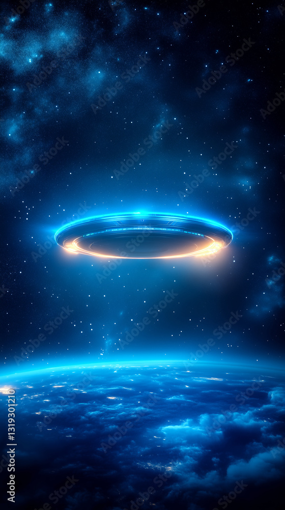 A mesmerizing glowing ring hangs in the night sky above Earth, illuminating the cosmic landscape. Stars twinkle in the dark expanse, creating an enchanting and surreal atmosphere A mesmerizing glowing ring hangs in the night sky above Earth, illuminating the cosmic landscape. Stars twinkle in the dark expanse, creating an enchanting and surreal atmosphere