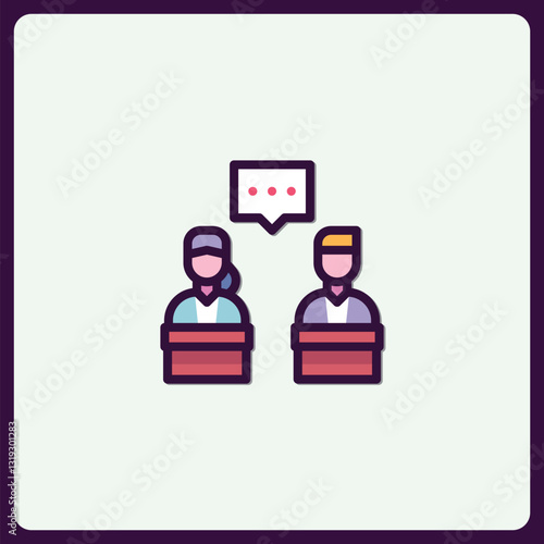 A colorful conference dialogue icon showcasing interactive speakers sharing ideas