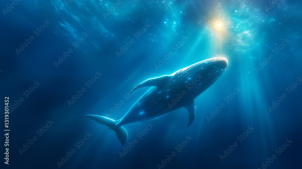 Obraz premium A humpback whale glides effortlessly through the deep blue ocean waters, rays of sunlight filtering down and casting a serene glow