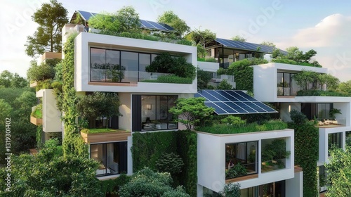 Wallpaper Mural A modern eco-friendly building adorned with greenery and solar panels, blending architecture with nature for sustainable living. Torontodigital.ca