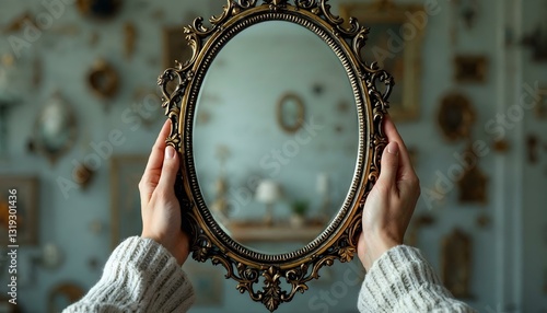 Ornate vintage mirror being held up by a person with no reflection