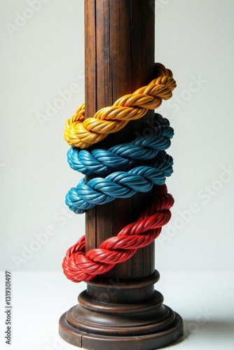 Rope wrapped around a pillar with an unattached end, knotted rope, flexible rope, rope knot