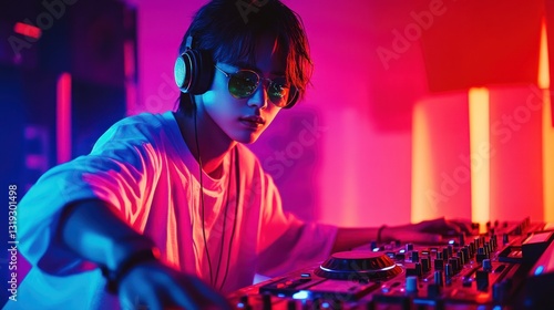 Focused DJ in vibrant neon lighting