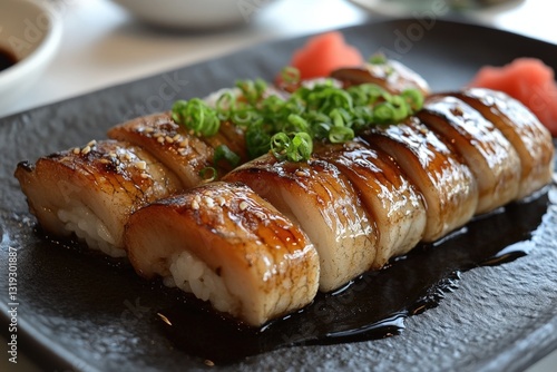 Glistening dark brown sauce cascades over exquisite sashimi, enhancing its delicate flavors with each drip, inviting a delectable taste adventure photo