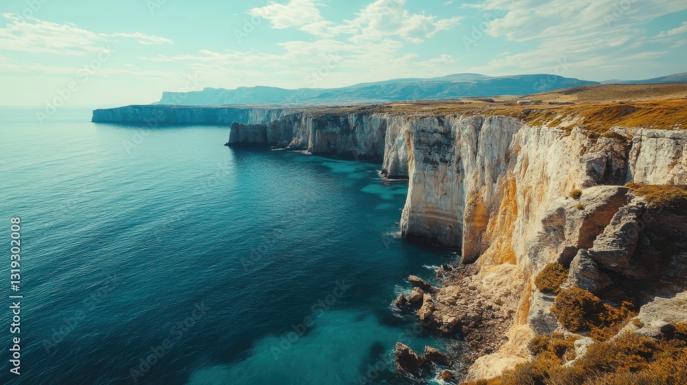 Obraz premium Coastal Cliffs View. Turquoise Ocean Water. Rocky Shoreline. Beautiful Landscape. Outdoor Scenery. Peaceful Coastline. Natural Beauty. Clear Sky. Travel Destination.