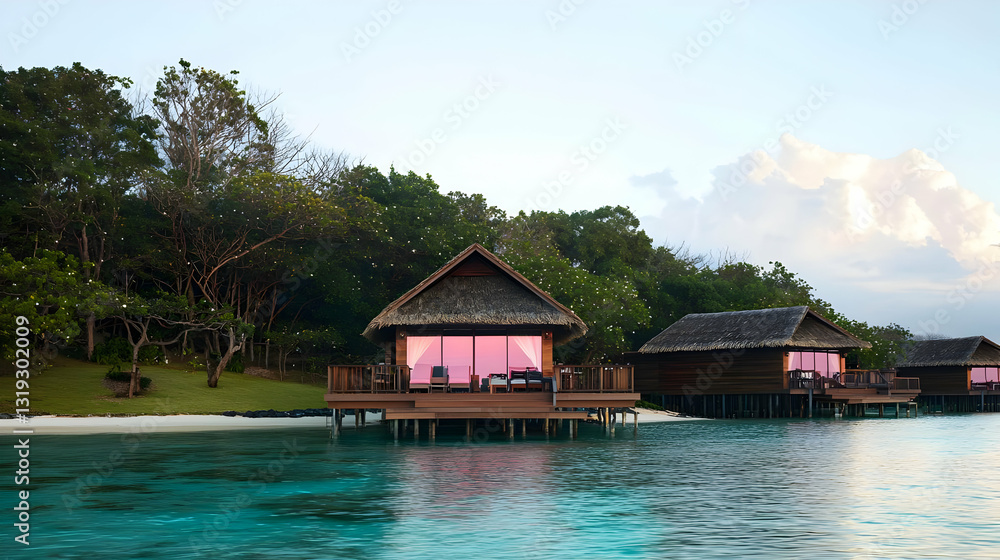 Tranquil Waterside Resort with Wooden Bungalows Under Tropical Foliage and Warm Sunset Hues Tranquil Waterside Resort with Wooden Bungalows Under Tropical Foliage and Warm Sunset Hues