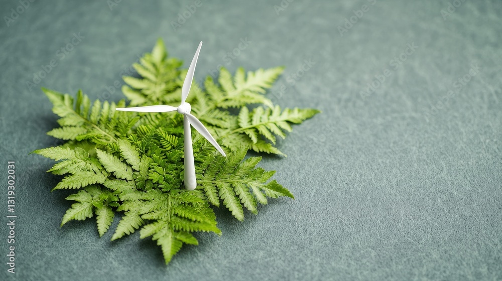 A small wind turbine is nestled among vibrant green ferns, symbolizing the fusion of renewable energy and nature. A small wind turbine is nestled among vibrant green ferns, symbolizing the fusion of renewable energy and nature.