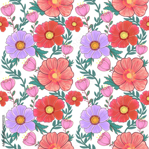 Wallpaper Mural A delicate digital painting of red, pink and purple flowers, blossom, Seamless pattern, can be used for textile , wallpaper, clothing Torontodigital.ca
