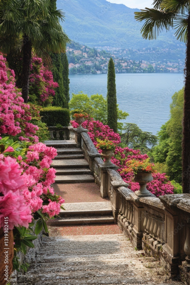 Naklejka premium Stone stairs with flowers. Summer day view. Steps near water. Scenic landscape with beautiful nature. Palm trees and mountains behind.