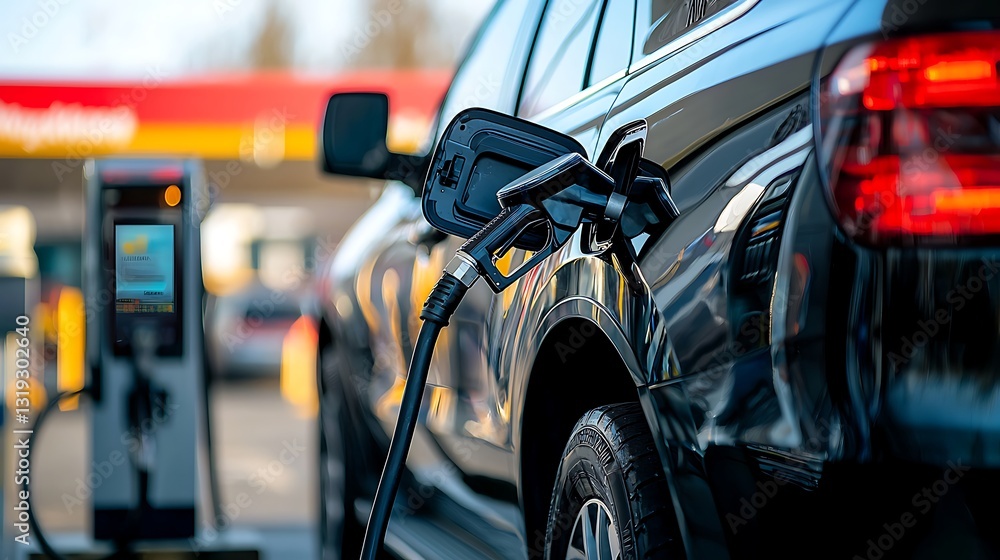 SUV being fueled at a gas station SUV being fueled at a gas station
