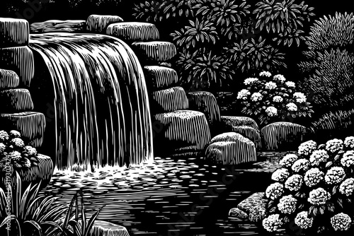 beautiful waterfall with flowers an stones in tropical forest black and white hand drawn sketch