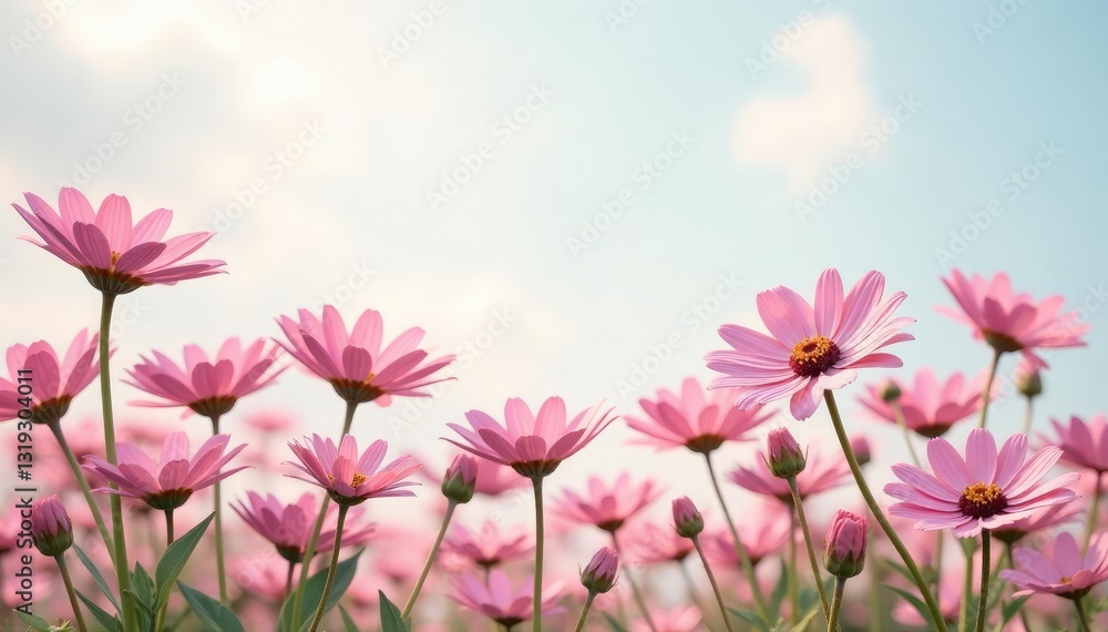 Soft pink daisies scattered on a light gray cloudy sky, nature, sunflower Soft pink daisies scattered on a light gray cloudy sky, nature, sunflower