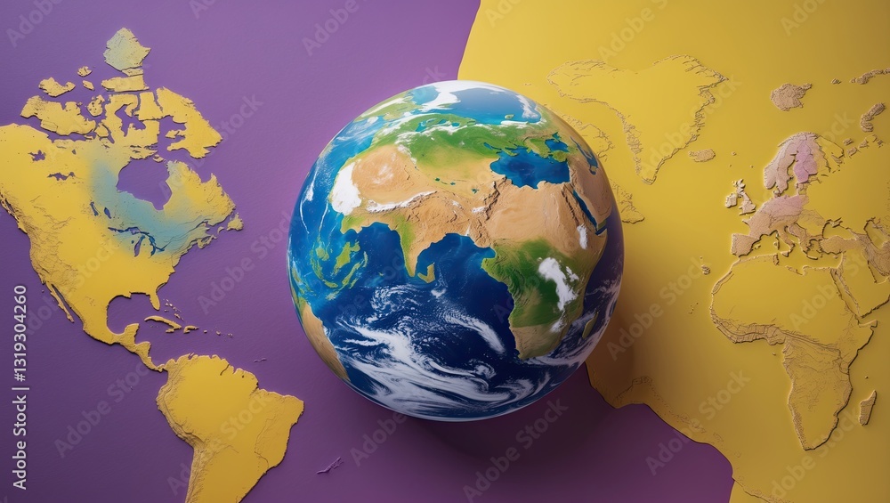 Naklejka premium Colorful globe showcasing continents with vibrant background colors representing geography and diversity