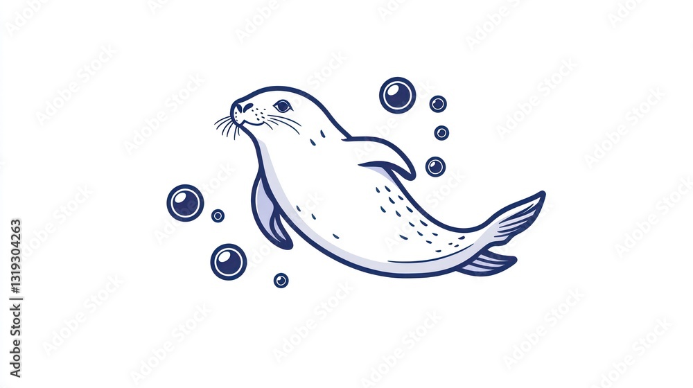 Obraz premium Cute cartoon seal swimming in bubbles, simple, vibrant