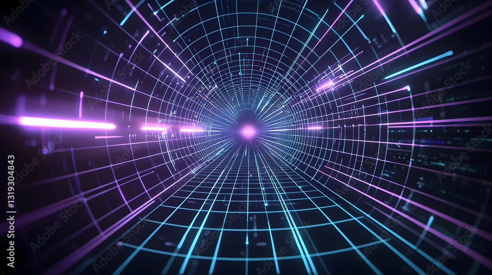 Abstract Futuristic Cyberspace Tunnel With Glowing Purple And Blue Neon Lights Digital Data Flow In 3D Illustration Abstract Futuristic Cyberspace Tunnel With Glowing Purple And Blue Neon Lights Digital Data Flow In 3D Illustration