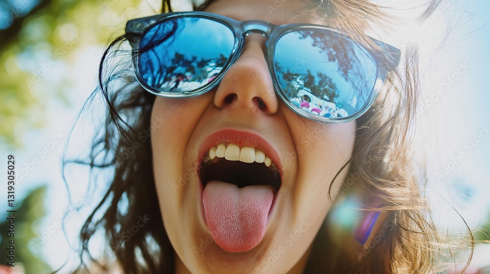 Girl making a playful expression with sunglasses, radiating joy and spontaneity. Girl making a playful expression with sunglasses, radiating joy and spontaneity.
