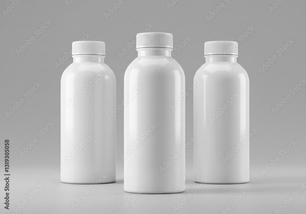 Three Sleek White Bottles Stand In A Row, Ready For Your Product, Simple And Clean Design Against A Neutral Backdrop