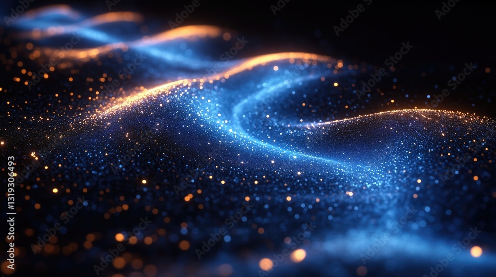Fototapeta premium Abstract blue and orange glowing particle waves on dark background. Digital tech inspired abstract visual with flowing light particles, suitable for wallpaper.