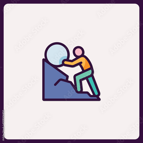 Effort and progress icon with person pushing ball up mountain peak