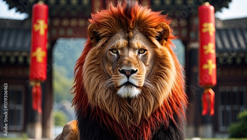Majestic lion posing calmly in front of traditional architecture adorned with red decorations