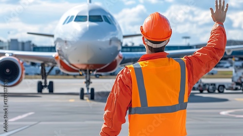 Airport worker directing aircraft