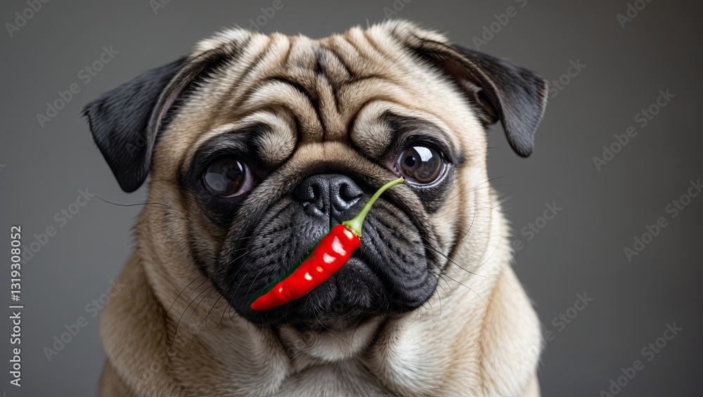A playful pug dog with distinctive wrinkled face looking curiously at the camera while holding a red chili pepper between its mouth, creating a A playful pug dog with distinctive wrinkled face looking curiously at the camera while holding a red chili pepper between its mouth, creating a