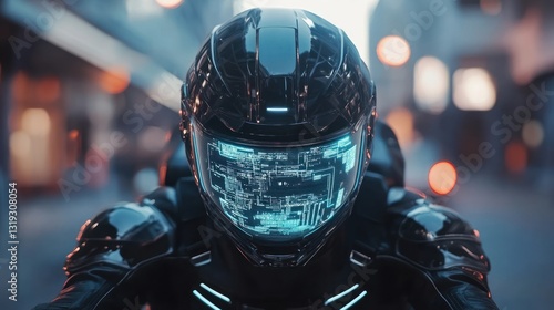 Futuristic motorcycle rider in a high-tech helmet with a transparent visor displaying circuit board graphics, set in a city street photo