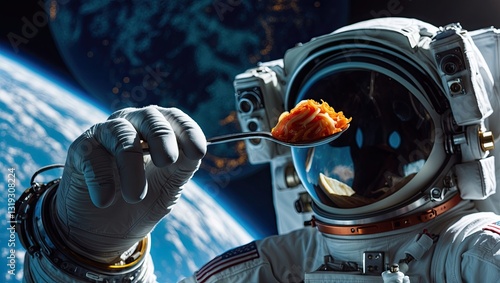 An astronaut savoring a meal while orbiting Earth, showcasing the contrast between space and culinary experience