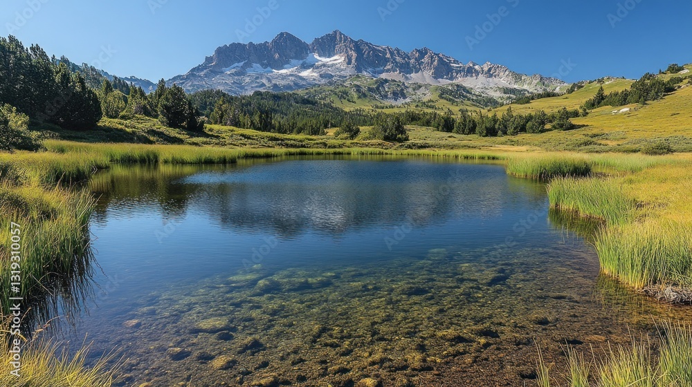 Fototapeta premium Serene alpine lake reflecting majestic peaks