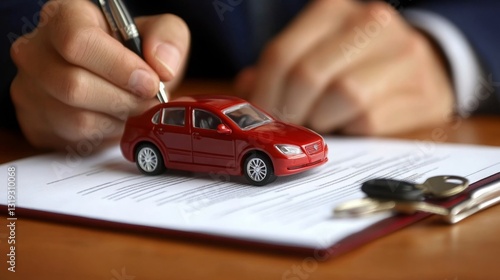 Signing a contract for a new car purchase in an office setting with a focus on a toy car replica