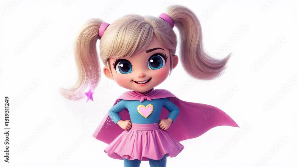 Cute Girl Superhero Standing Proud in Her Pink Outfit: 3D Animation for Kids Cute Girl Superhero Standing Proud in Her Pink Outfit: 3D Animation for Kids